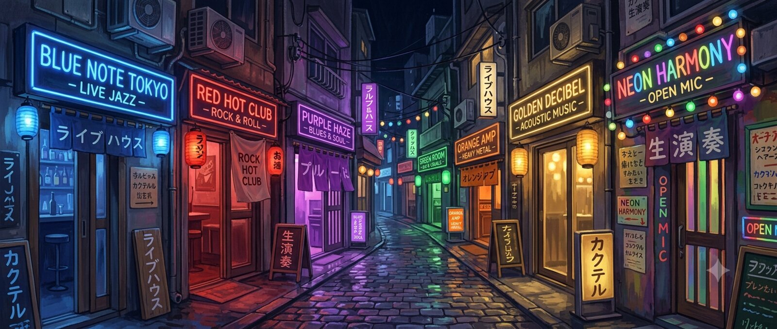 Live Music Tokyo — AI-generated illustration of a neon-lit backstreet of live music bars